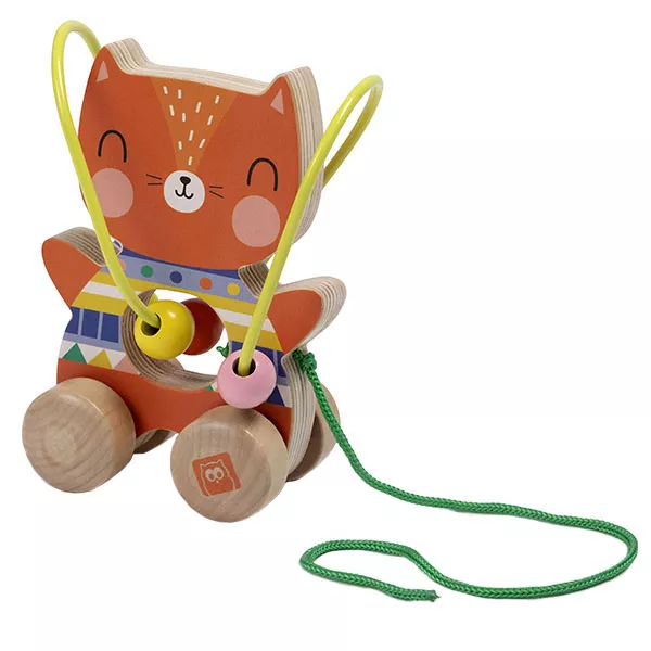 Jucărie Pisicuță de tras din lemn & mini-labirint cu 4  mărgele multicolore
