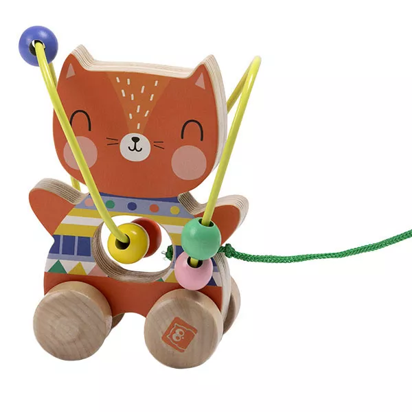 Jucărie Pisicuță de tras din lemn & mini-labirint cu 4  mărgele multicolore