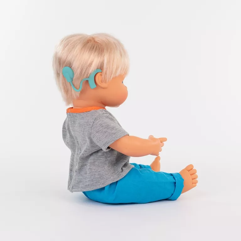 Păpușă bebeluș caucazian cu aparat auditiv - Fată, 38 cm