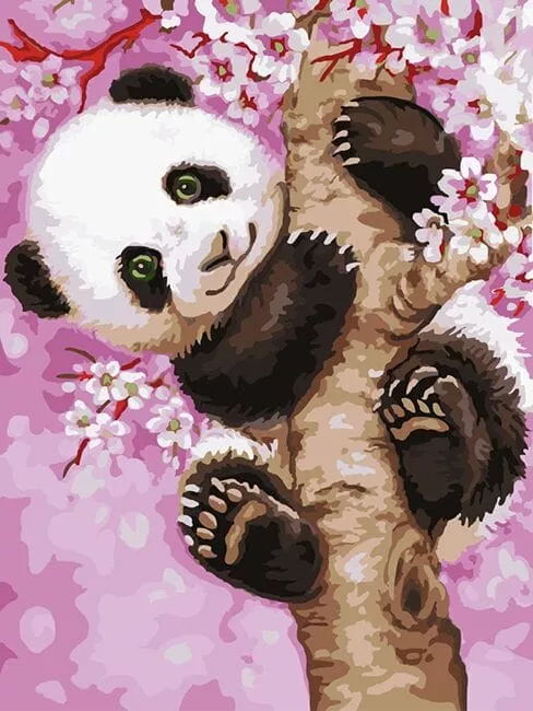 Pictură pe numere - Ursulețul Panda în cireșul înflorit