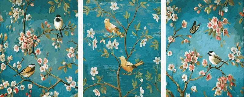 Pictură pe numere (Set de 3 tablouri) - Cântec de păsări, 50 x 120 cm