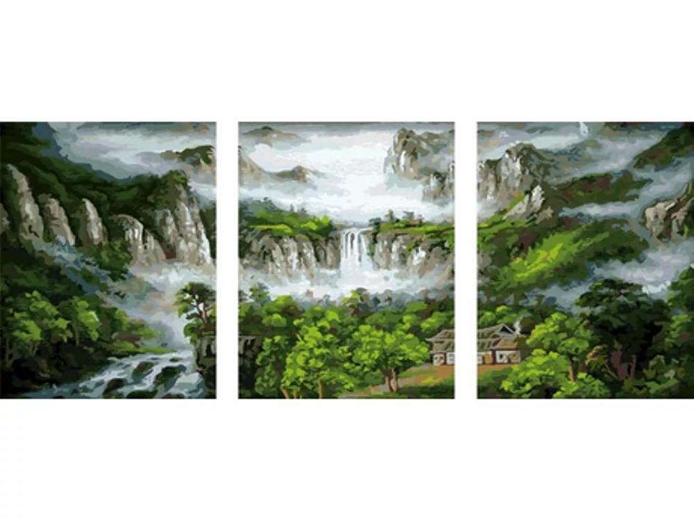 Pictură pe numere (set de 3 tablouri) - Cascadă în munți