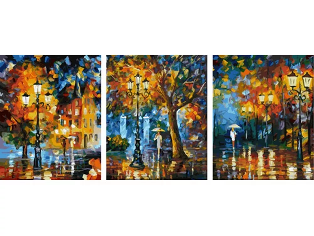 Pictură pe numere (set de 3 tablouri) - Plimbare în ploaie