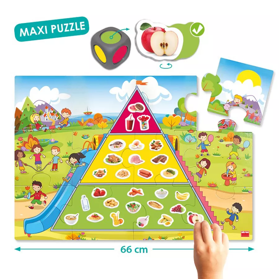 Piramida alimentației sănătoase - Set de 54 de carduri cu alimente, 1 zar colorat și puzzle