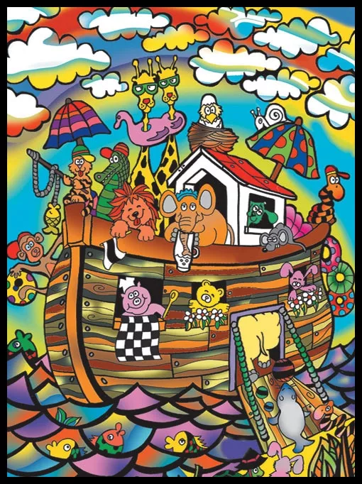 Planșă de colorat din catifea, cu 12 carioci – Arca lui Noe (29,7 x 21 cm)