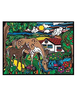 Planșă de colorat din catifea, cu  12 carioci – Cai la pășune (35 x 47 cm)