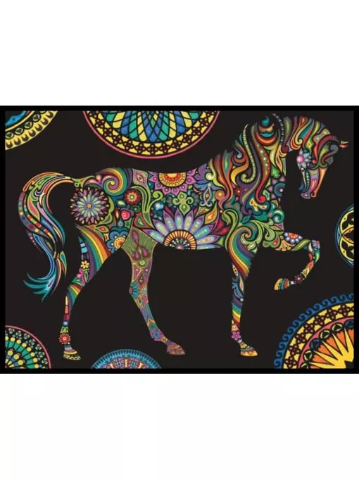 Planșă de colorat din catifea, cu  12 carioci – Mandala cal (35 x 47 cm)