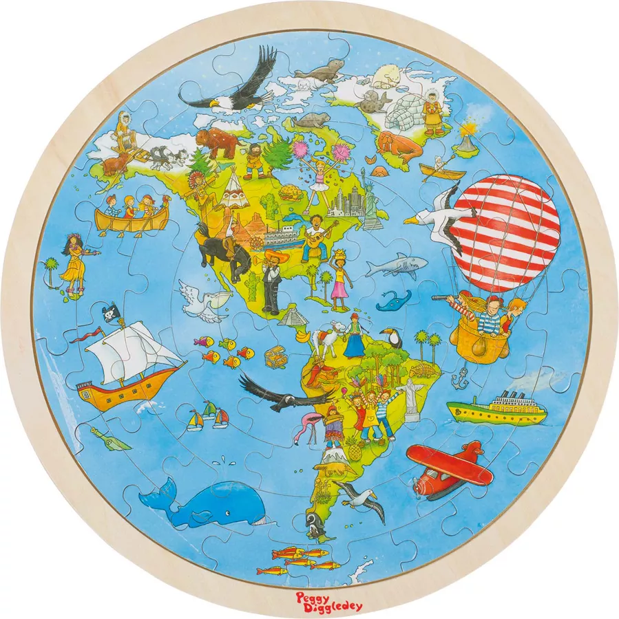 Puzzle circular din lemn - Descoperă lumea cu Peggy Diggledey