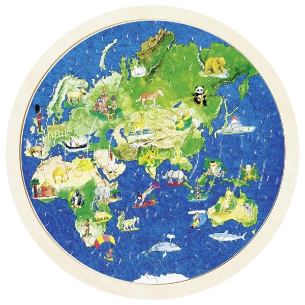 Puzzle circular din lemn - Harta lumii cu animale