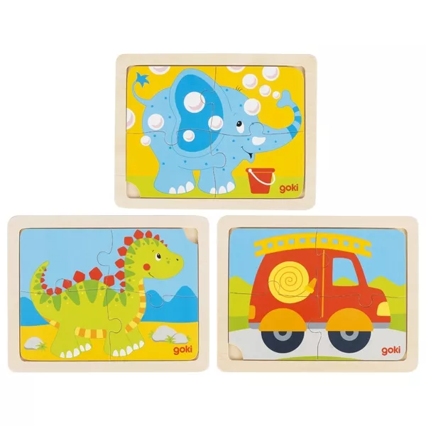 Puzzle cu 4 piese din lemn - Dinozaur/ Elefant/ Mașină de pompieri