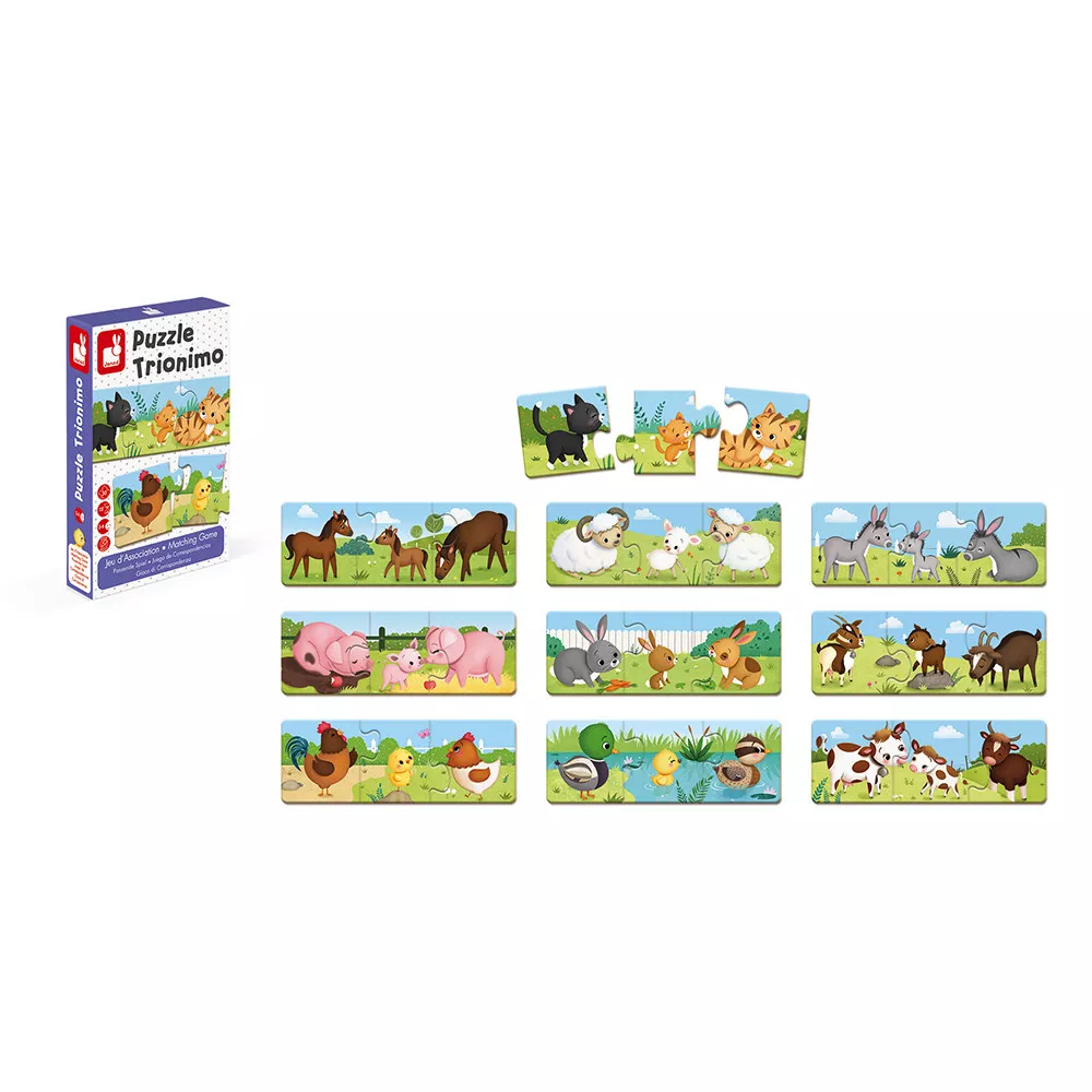 Puzzle de asociere cu 30 de piese din carton - Animale de la fermă și puii lor