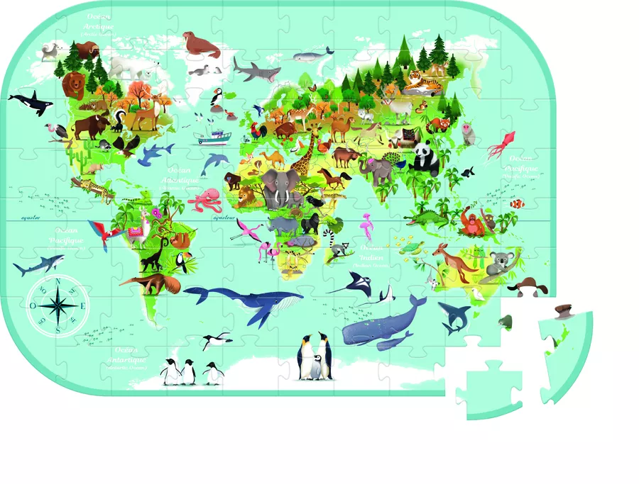 Puzzle cu 76 de piese - Harta lumii cu animale