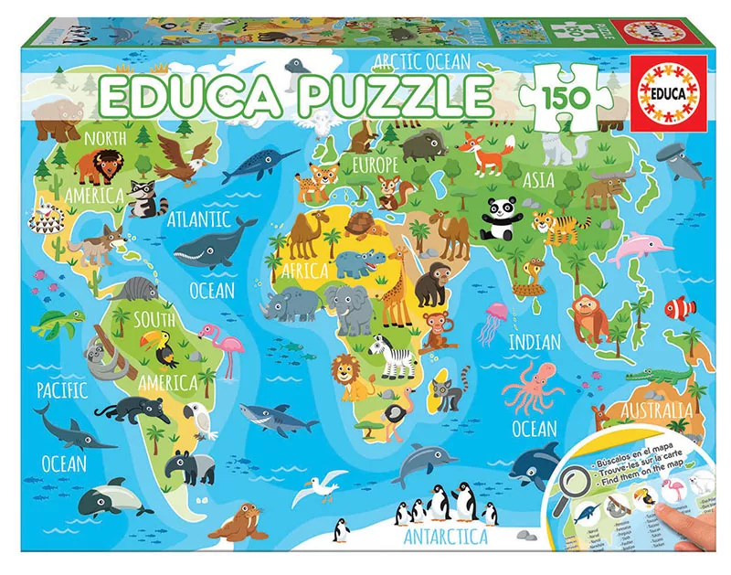 Puzzle cu 150 de piese - Harta lumii cu animale