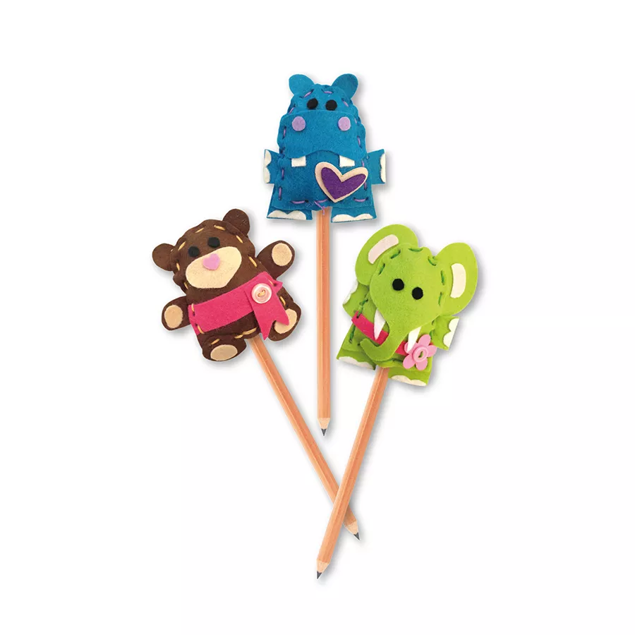 Set de creație prin coasere -  3 accesorii amuzante pentru creion:urs, hipopotam și elefant