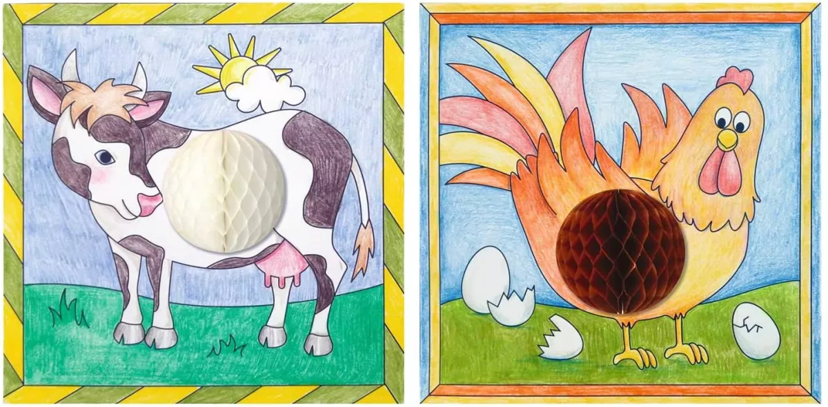 Set creativ cu hârtie tip fagure – 6 tablouri cu animale de la fermă