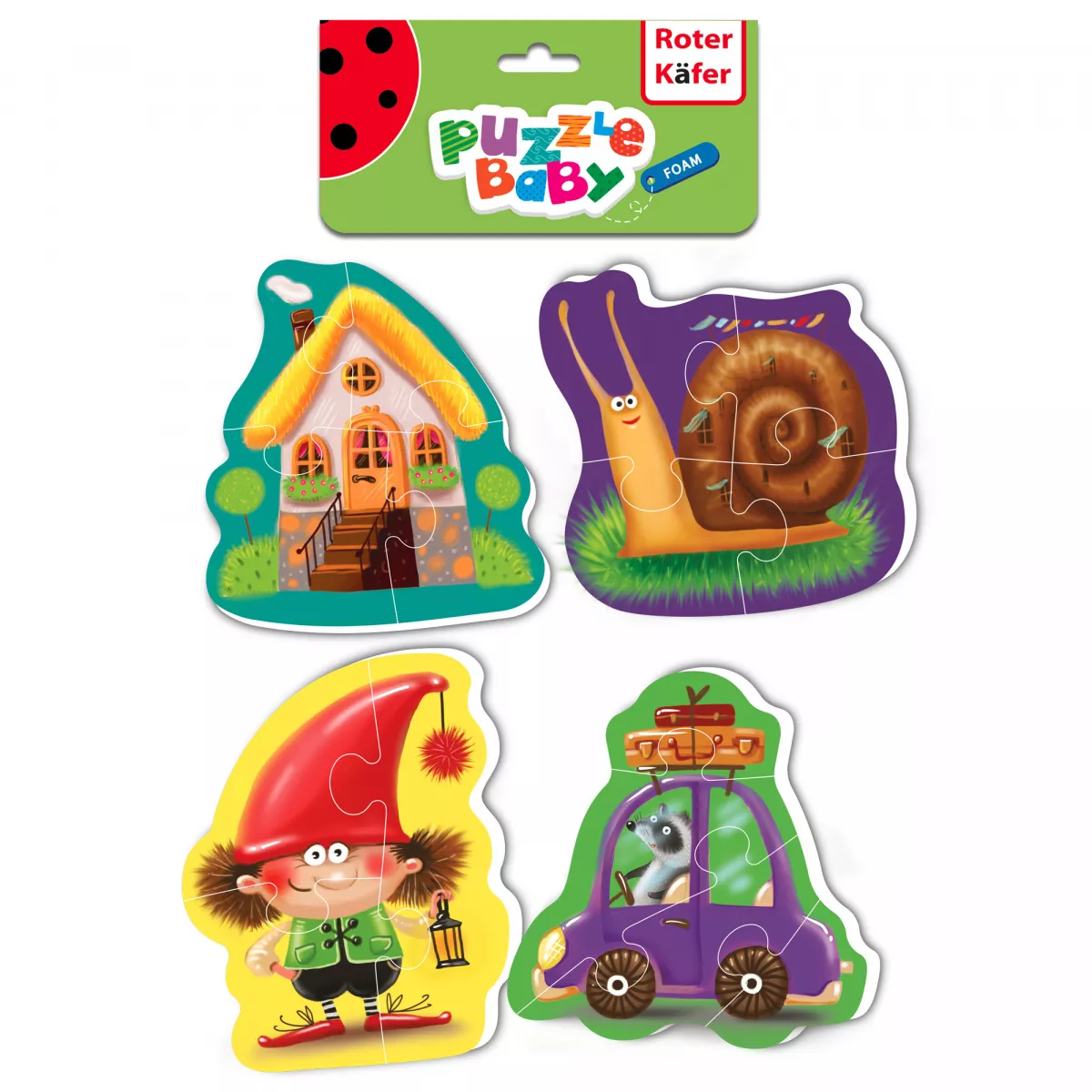 Set de 4 puzzle-uri a câte 4 piese din spumă: căsuță, melc, pitic și mașină