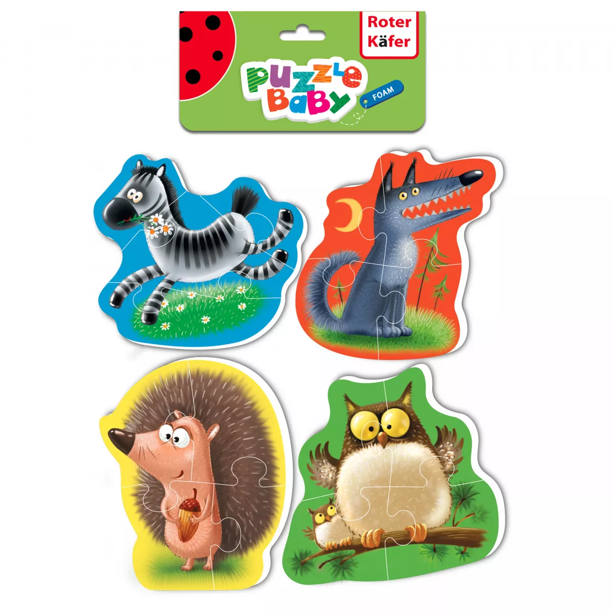 Set de 4 puzzle-uri a câte 4 piese din spumă: zebră, lup, arici și bufniță