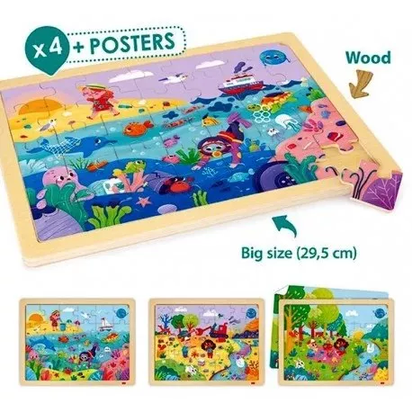 Set de 4 puzzle-uri din lemn cu 24 și 35 de piese și 4 postere