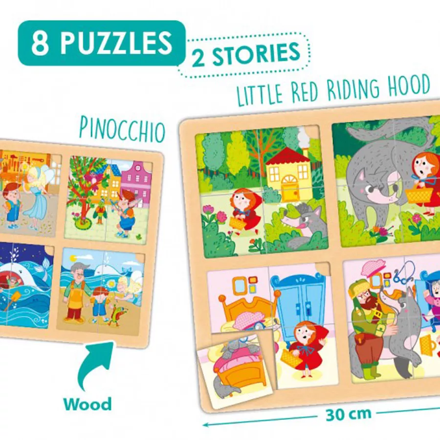 Set de 8 puzzle-uri din lemn - „Scufița Roșie” și „Pinocchio”