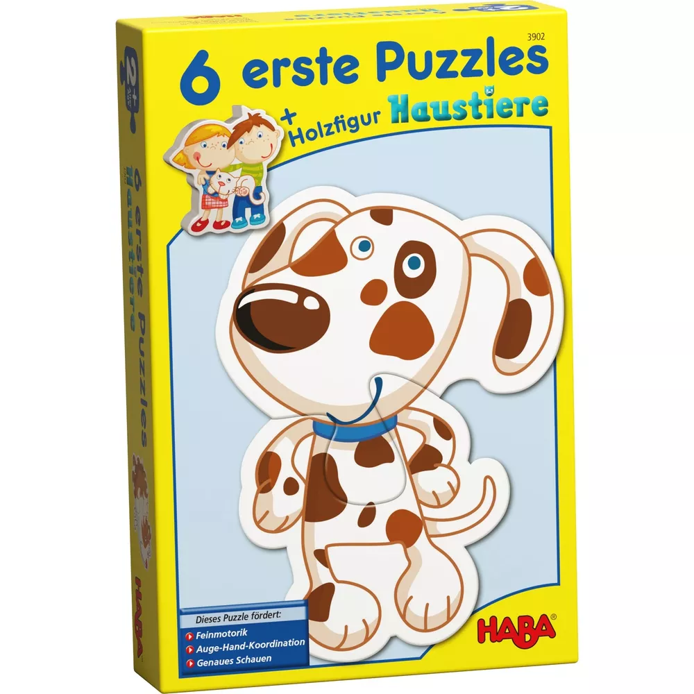 Set de 6 puzzle-uri cu piese mari din carton și o figurină din lemn - Animale