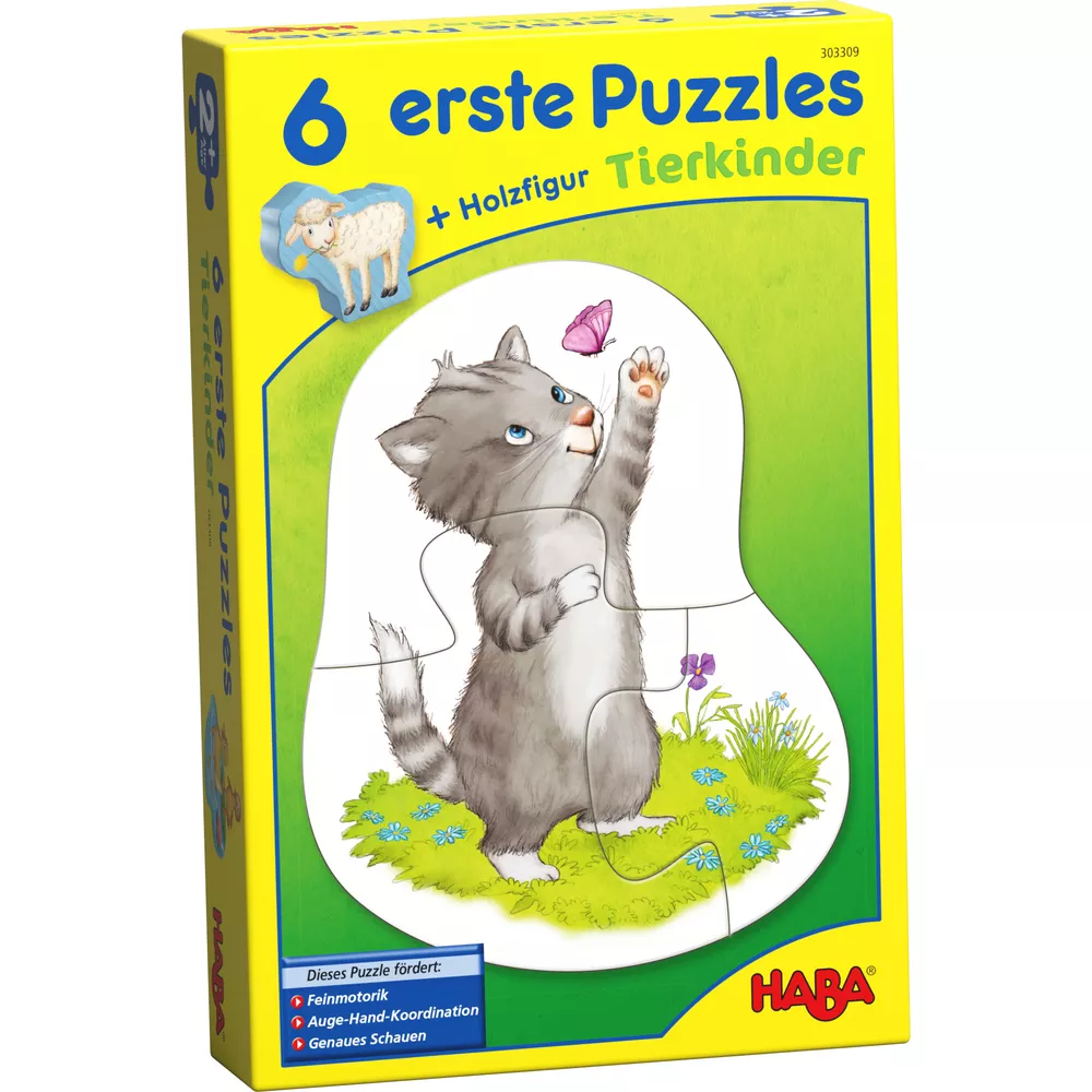 Set de 6 puzzle-uri cu piese mari din carton și o figurină din lemn - Pui de animale