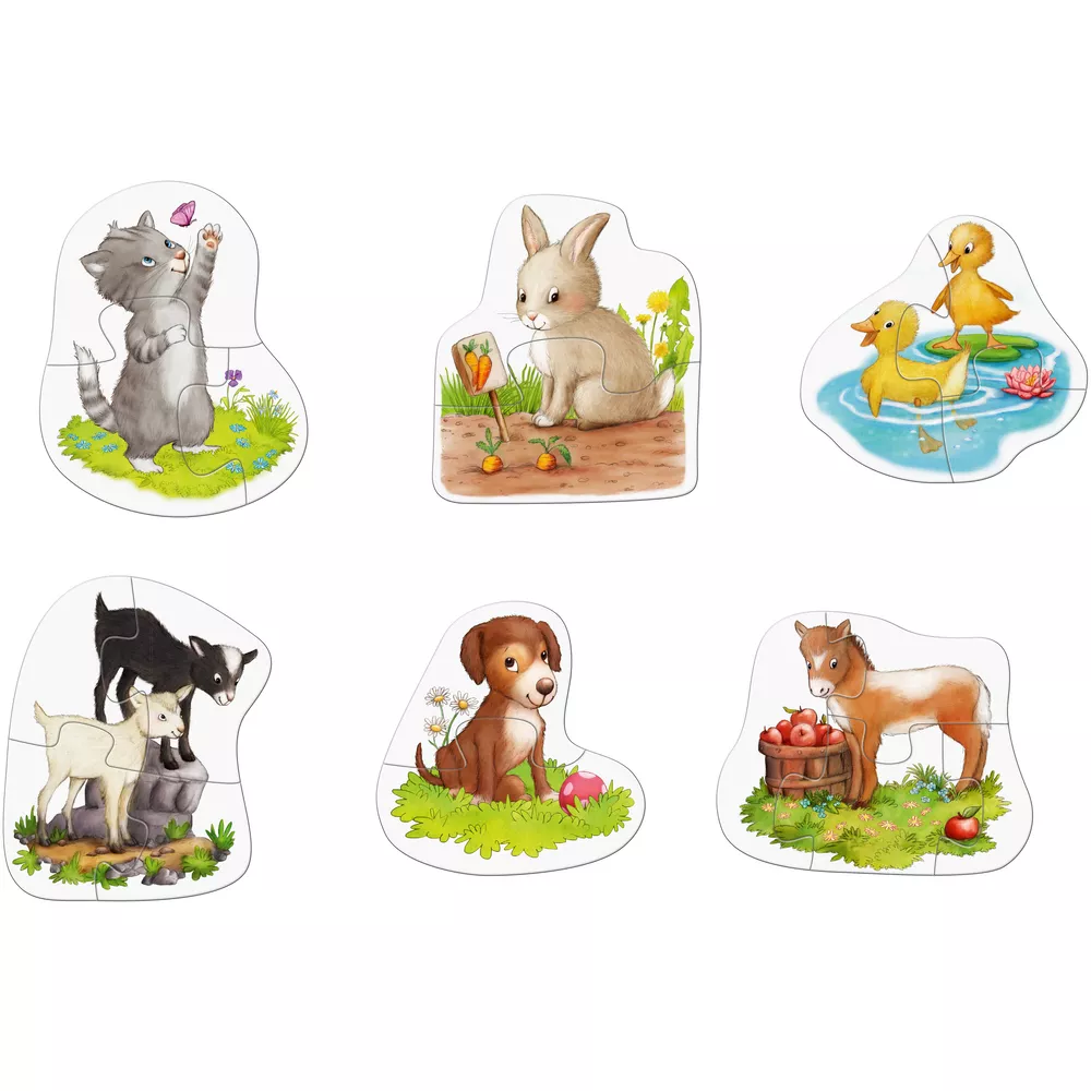 Set de 6 puzzle-uri cu piese mari din carton și o figurină din lemn - Pui de animale