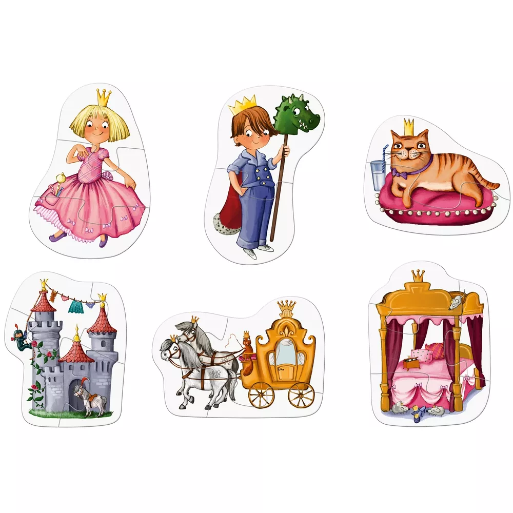 Set de 6 puzzle-uri cu piese mari din carton și o figurină din lemn - Viață de prințesă