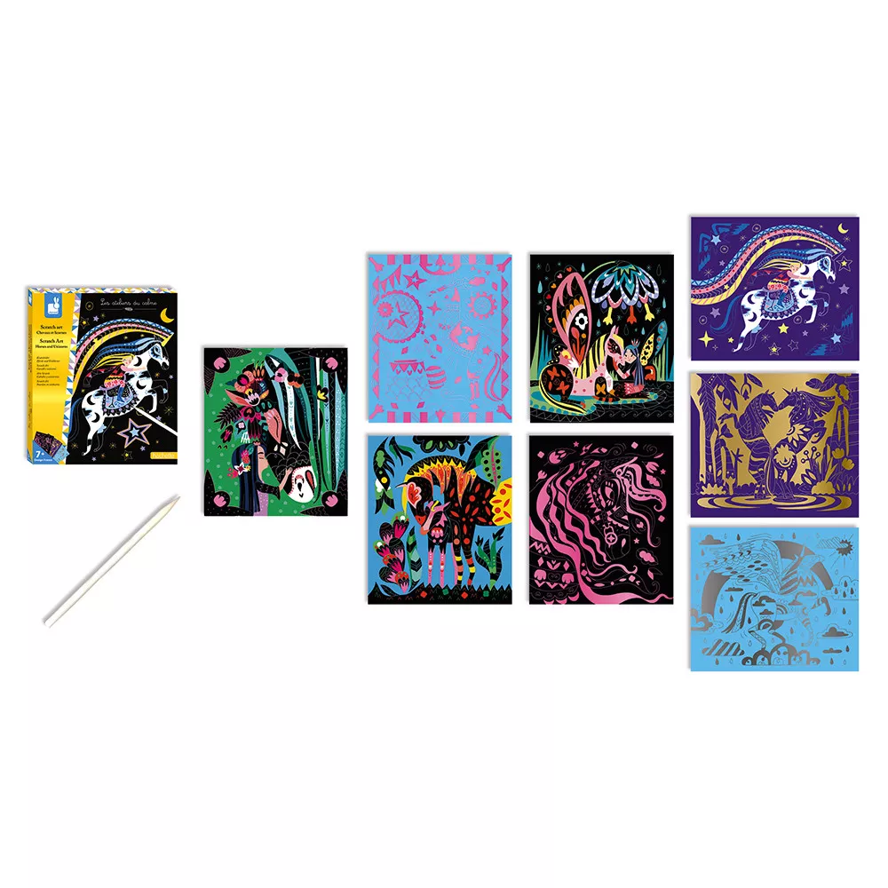 Set de 8 cartonașe cu unicorni și cai & 1 creion din lemn pentru răzuit
