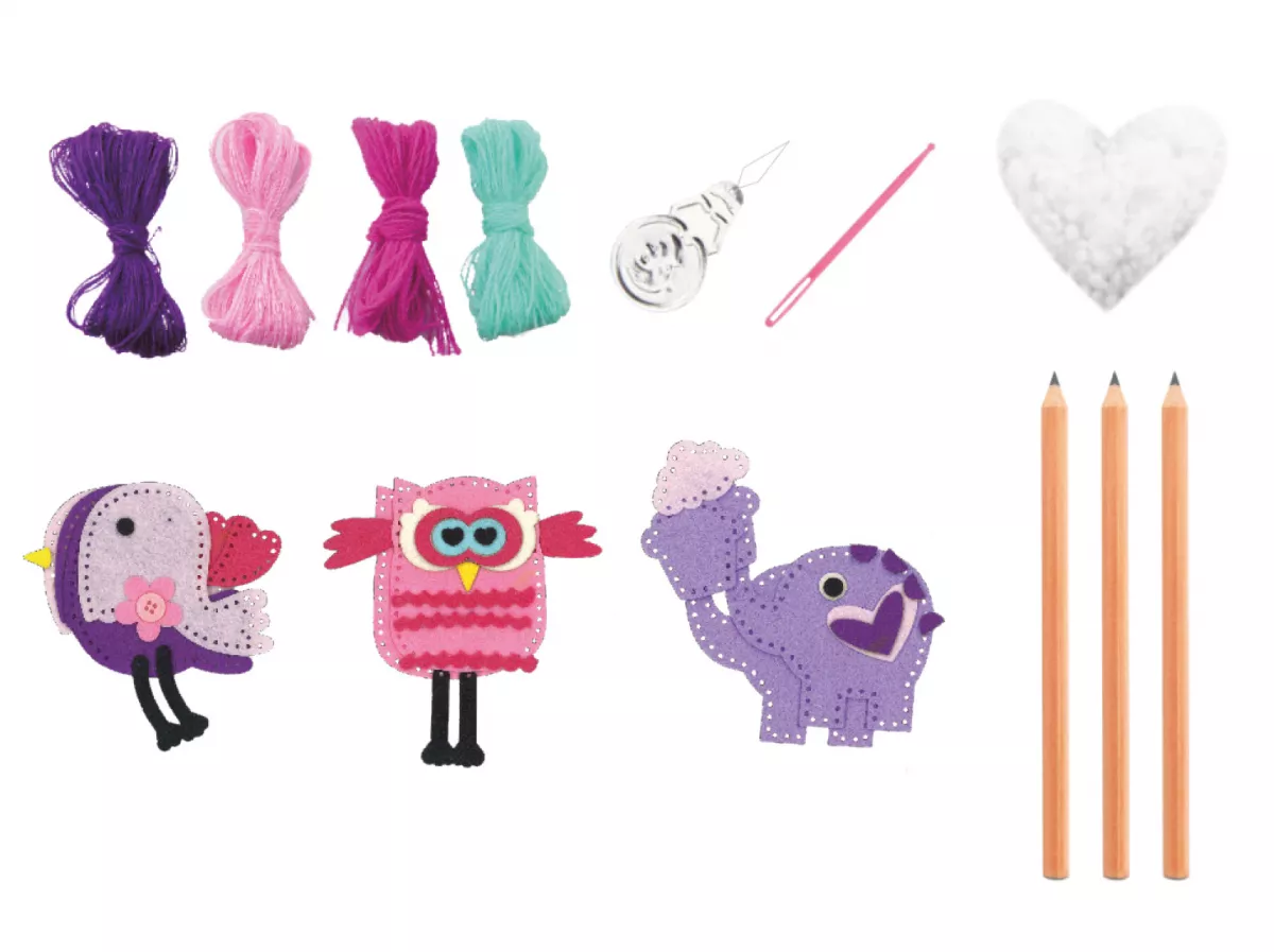 Set de creație prin coasere -  3 accesorii amuzante pentru creion: bufniță, elefant și pasăre