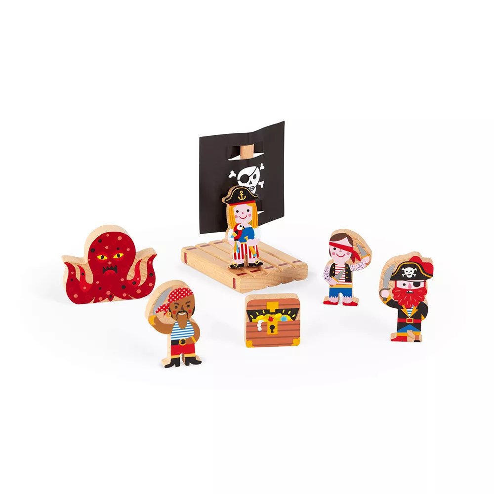 Set de joacă din lemn cu 7 figurine - Viață de pirat
