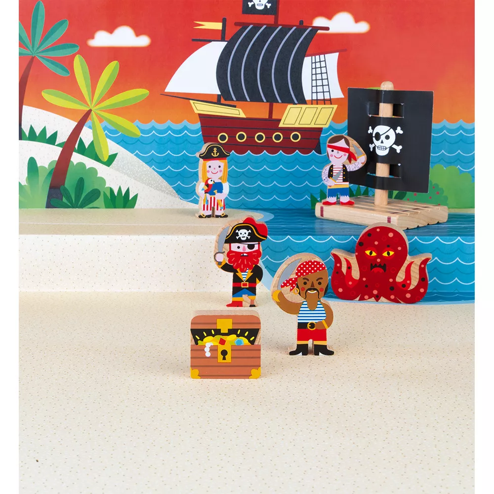 Set de joacă din lemn cu 7 figurine - Viață de pirat