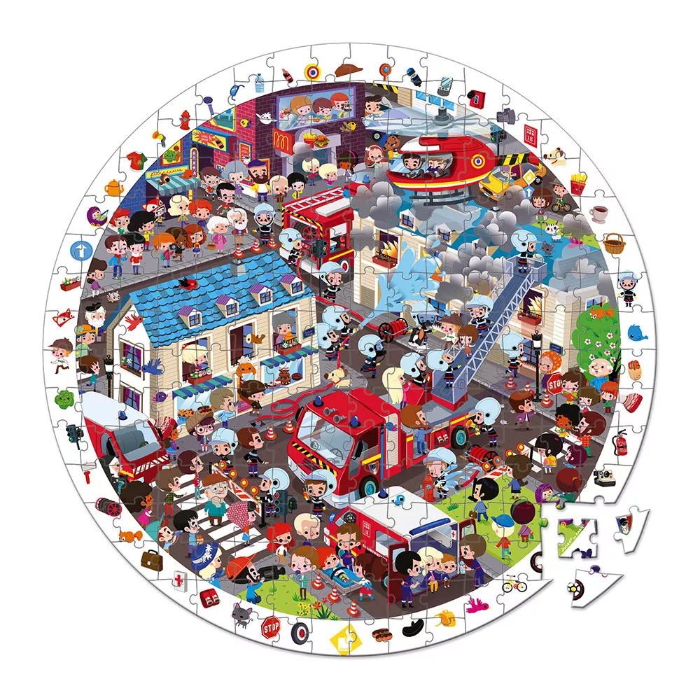 Set Puzzle circular din carton cu 208 piese și 1 poster - Pompieri