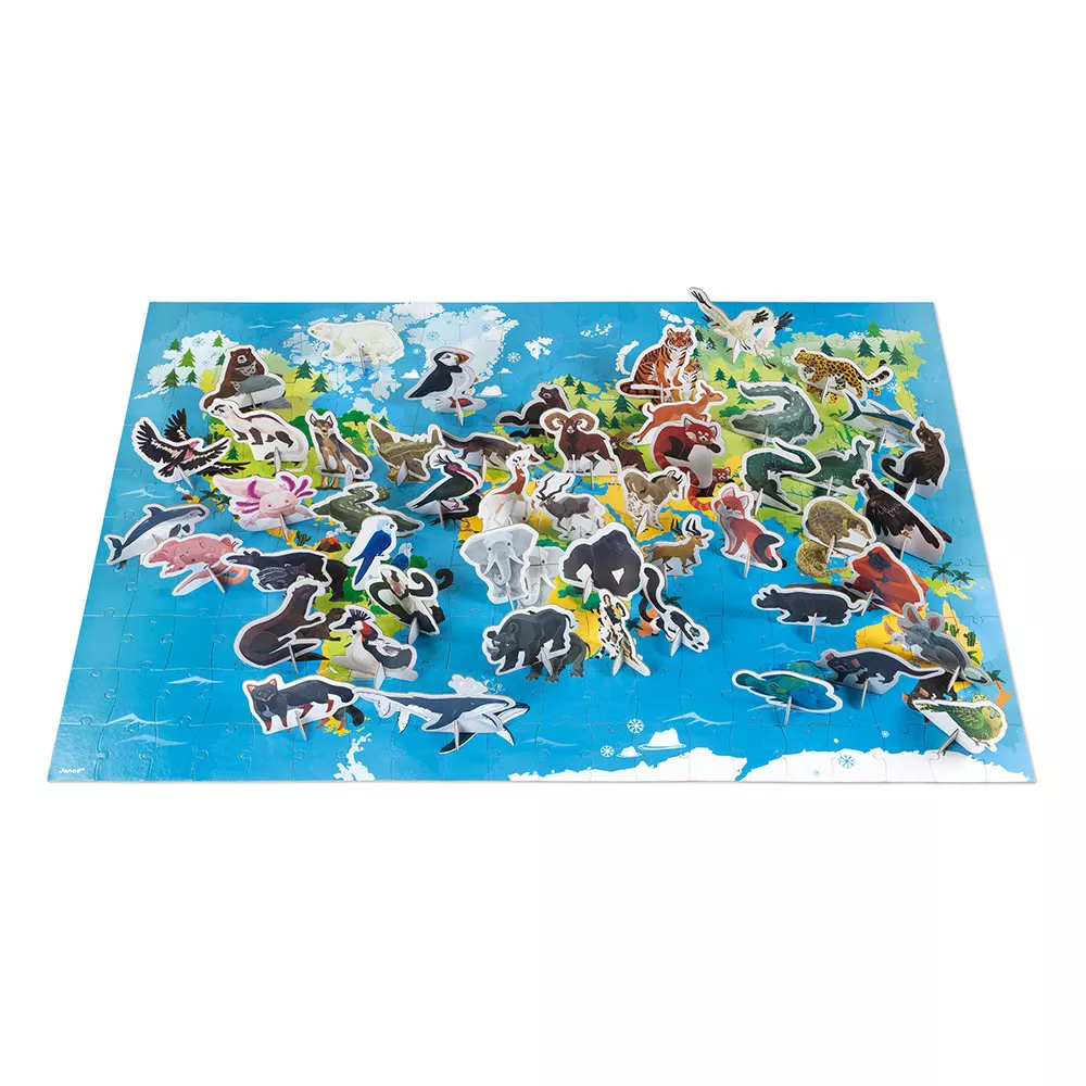 Set Puzzle uriaș din carton cu 200 de piese, 50 de animale 3D și 1 poster - Animale pe cale de la dispariție