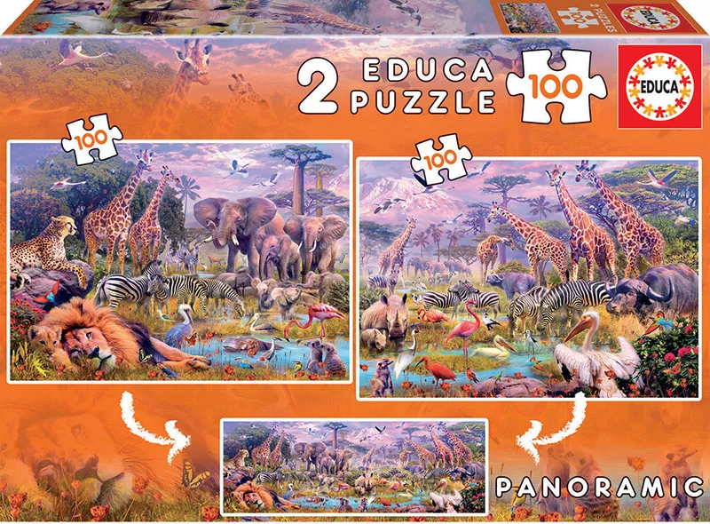 Set de 2 puzzle-uri din câte 100 de piese - Animale sălbatice