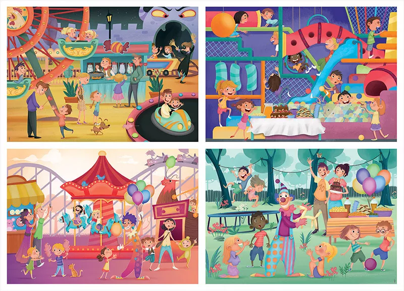 Set de 4 puzzle-uri progresive (20-40-60-80 de piese) - Atracții din parc + Petrecerea copiilor