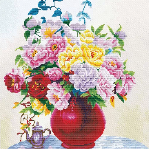 Set goblen imprimat cu ață și ac – Flori în vază roșie