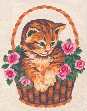 Set goblen imprimat cu ață și ac – Pisicuță în coș cu flori