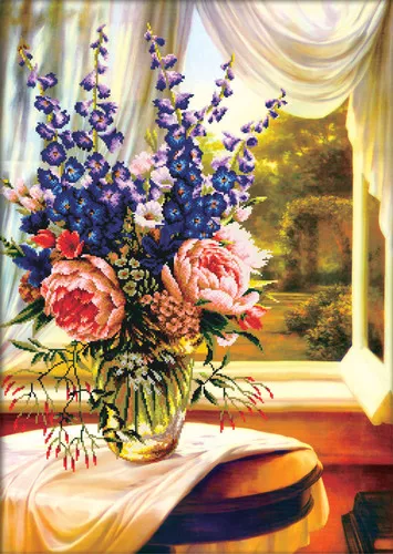 Set goblen imprimat cu ață și ac – Vază cu flori la geam