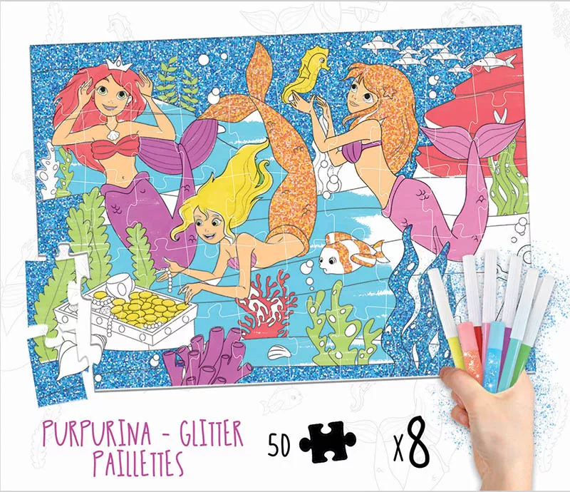Set Puzzle de colorat cu 50 de piese și 8 carioci - Sirene