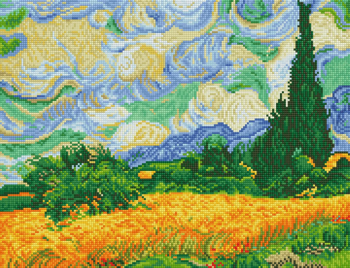 Tablou cu diamante - Câmpuri de grâu cu chiparoși (Van Gogh)