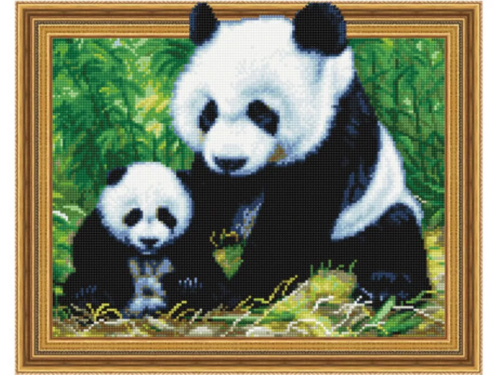 Tablou 5D cu diamante înrămat - Mama și puiul panda