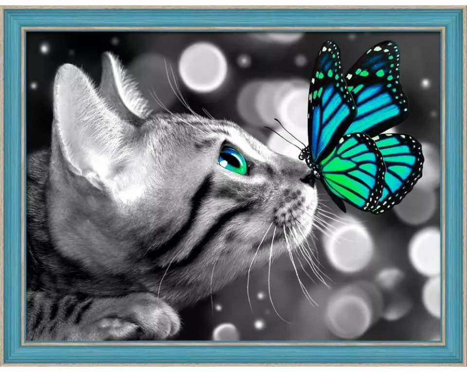 Tablou cu diamante  - Pisică bengaleză și fluture