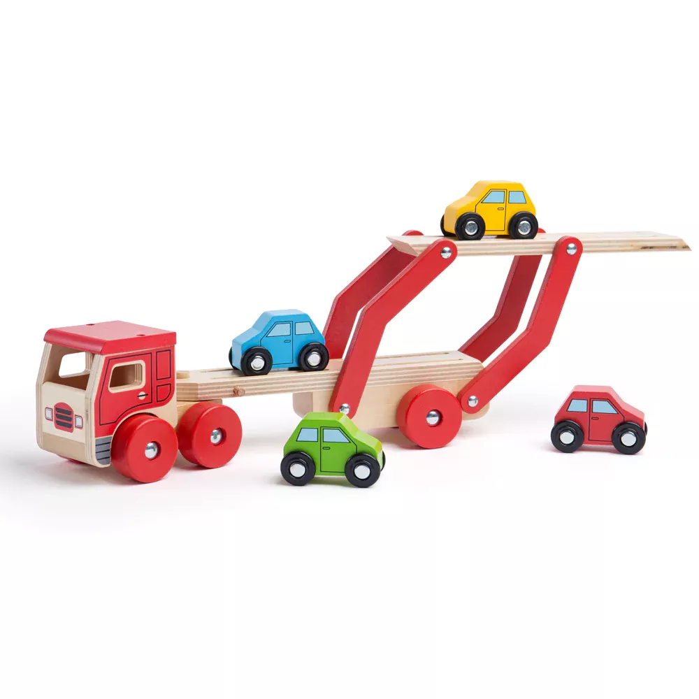 Transportor auto cu 4 mașinuțe din lemn
