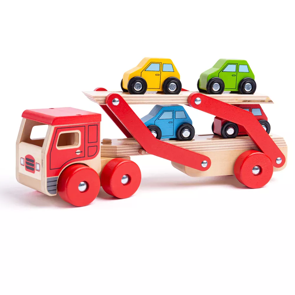 Transportor auto cu 4 mașinuțe din lemn