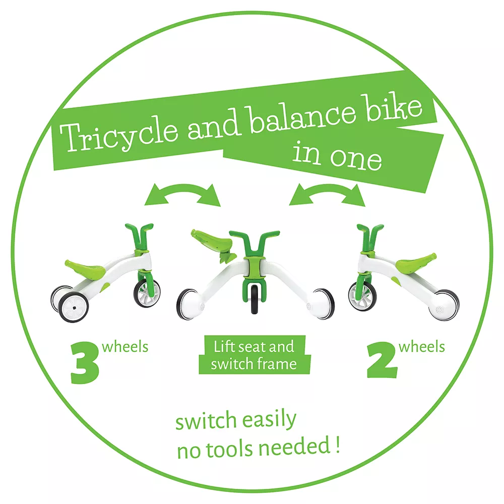 Tricicletă și bicicletă 2 în 1 - Bunzi verde - de la 3 roți la 2 roți fără scule