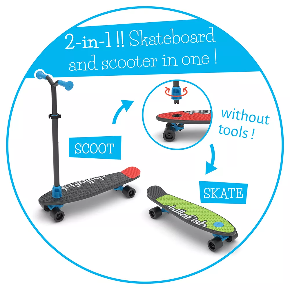 Trotinetă și skateboard 2 în 1, cu 4 roți, mâner negru și 3 plăci interschimbabile pentru bază - SkatieSkootie