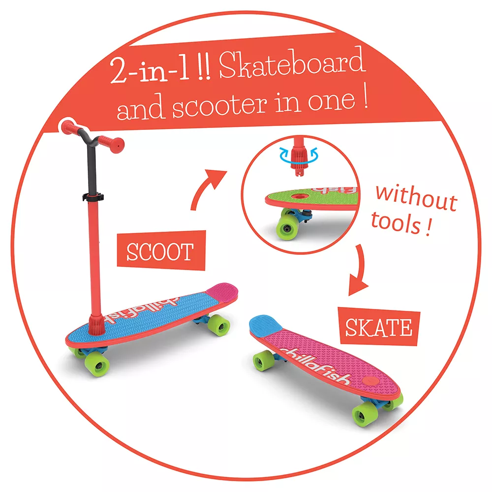 Trotinetă și skateboard 2 în 1, cu 4 roți, mâner roșu și 3 plăci interschimbabile pentru bază - SkatieSkootie