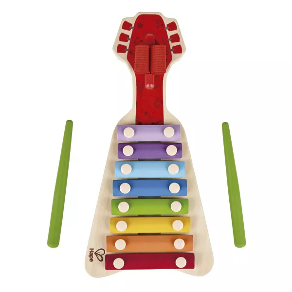 Xilofon de jucărie din lemn, cu 2 baghete, în formă de chitară