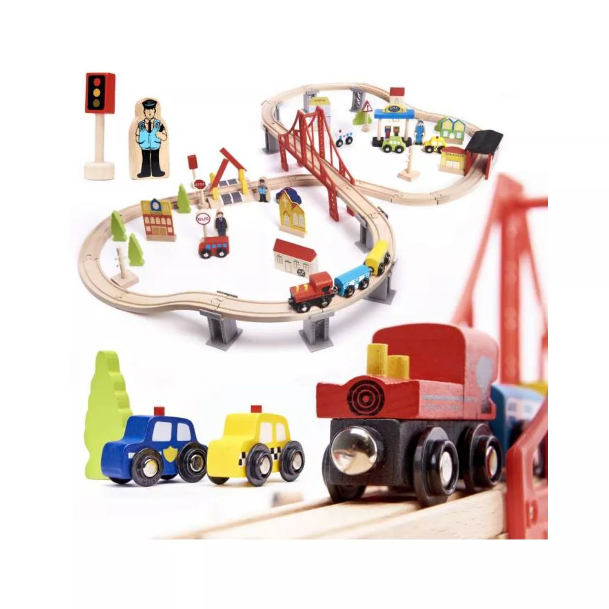 Cale ferata din lemn, trecere auto sine de tren, accesorii din 70 cuburi 1