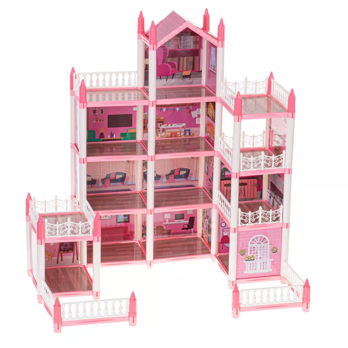Casuta de papusi DIY, roz, cu 4 nivele , mobiler si accesorii 2